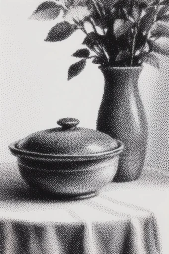 Monochrome Stipple Noir style reference image — halftone dotwork