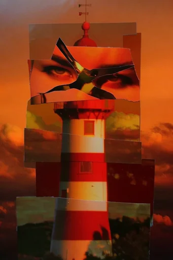 Fragmented Analog Collage style reference image — warm amber lighting