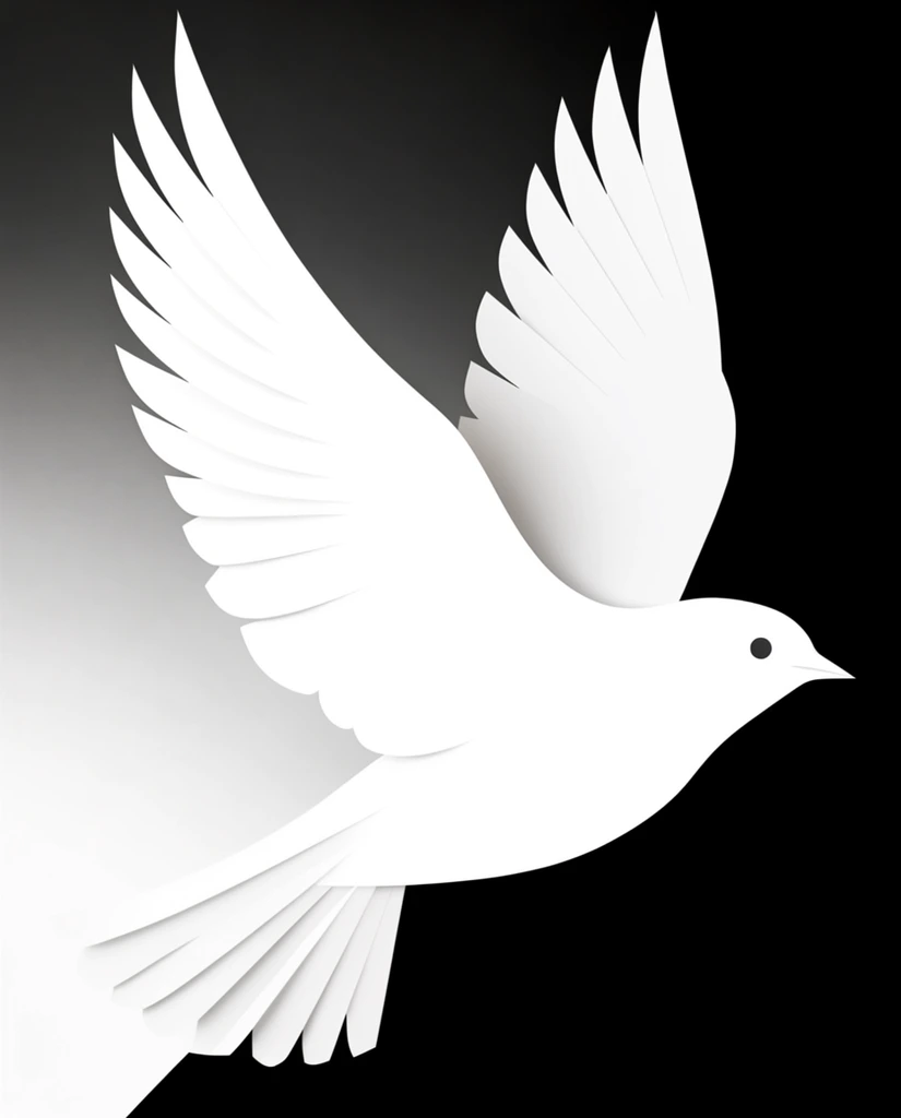 stylized pure white bird silhouette in mid-flight with wings raised high, sweeping downward posture, crisp vector edges, layered paper-cut aesthetic with subtle shadow on the right wing, single dark eye, fanned tail feathers, diagonally split high-contrast background, smooth dark grey to luminous white gradient on the upper left, solid pitch black on the lower right, minimalist graphic design, strict monochrome palette, sharp geometric composition