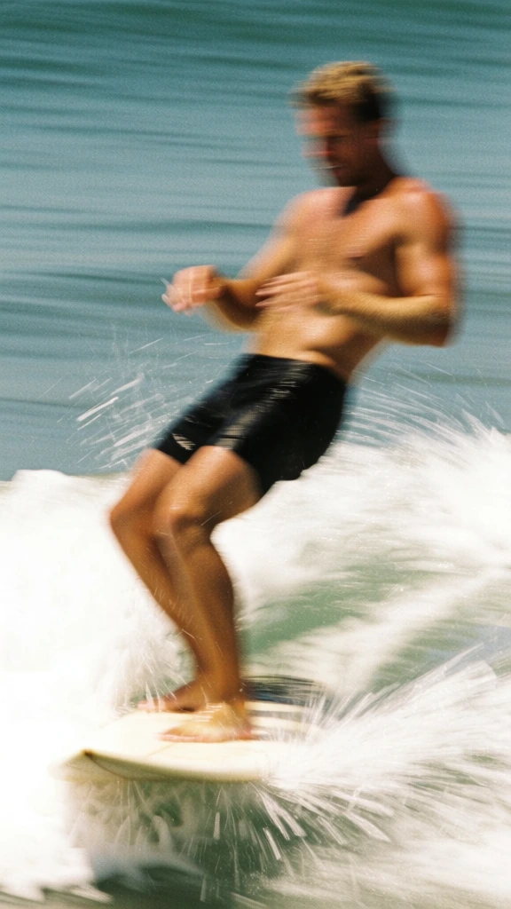 A blurred, grainy photograph captures a shirtless man in black shorts balancing on a surfboard amidst white ocean foam and blue water. The man, the central figure, is rendered with significant motion blur and a grainy texture, appearing with tanned skin and short blonde hair. He wears dark black shorts, and his body is tilted backward at a sharp angle with knees bent and feet planted on a pale surfboard partially obscured by bright white spray. His arms are bent and thrust forward near his chest level. The scene is set on a body of water where the foreground consists of brilliant white, overexposed foam and spray generated by the surfboard's movement. The background is a flat, teal-blue expanse of water showing horizontal streaks that emphasize the sense of motion. The image is captured with significant motion blur, making the subject appear soft and indistinct under bright, harsh sunlight from above, which creates high-contrast highlights on the man's skin and the water's surface. The color palette is dominated by the tan of the skin, the deep black of the shorts, the stark white of the foam, and the muted teal of the ocean, resulting in a raw aesthetic resembling a vintage film photograph with heavy grain and saturated colors.