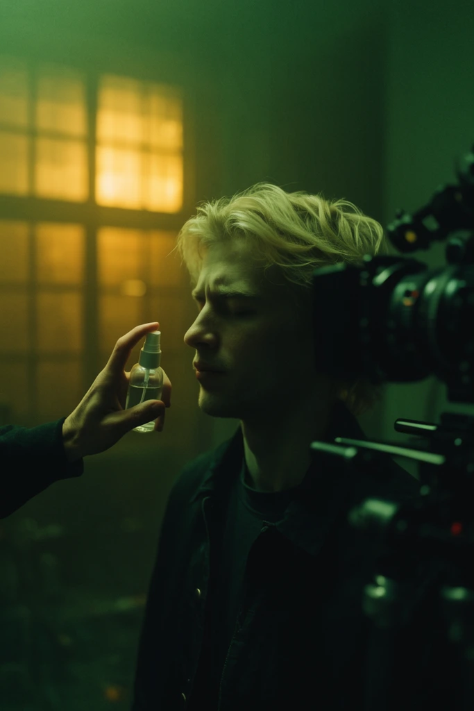 cinematic shot, blonde man in dark jacket with eyes closed, off-screen hand holding a small clear spray bottle near his face, heavy green atmospheric lighting, warm yellow light glowing from a background window, out-of-focus camera rig in right foreground, dramatic color contrast, deep shadows, shallow depth of field, moody filmic aesthetic