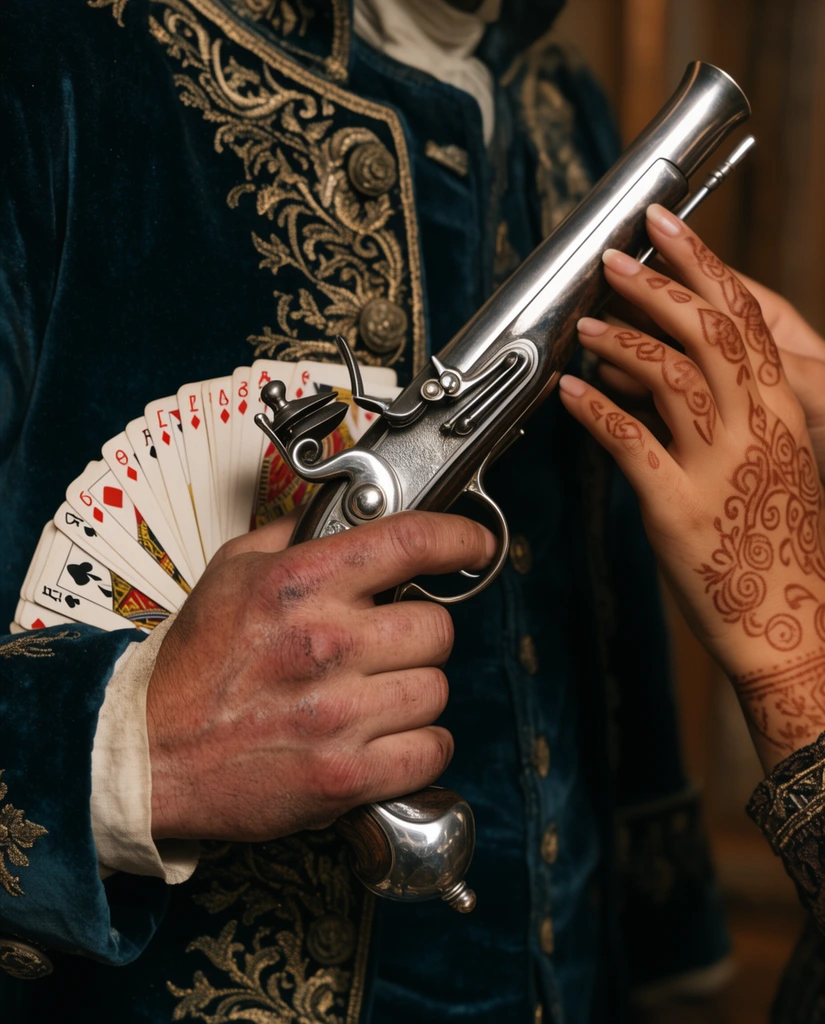 A close-up shot of a calloused hand gripping a silver flintlock pistol against an embroidered velvet jacket. A second hand, adorned with henna tattoos, gently touches the polished barrel. A fan of playing cards is tucked tightly under the arm. Warm directional lighting and a shallow depth of field highlight the gleaming metal and dense fabric textures.
