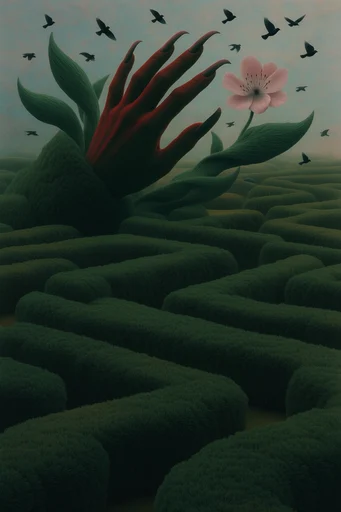 Surrealist Topiary Labyrinths style reference image — cinematic high-angle composition