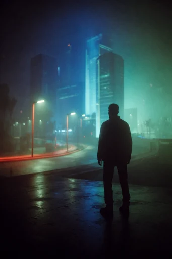 Cinematic Neon Noir style reference image — wet asphalt reflections