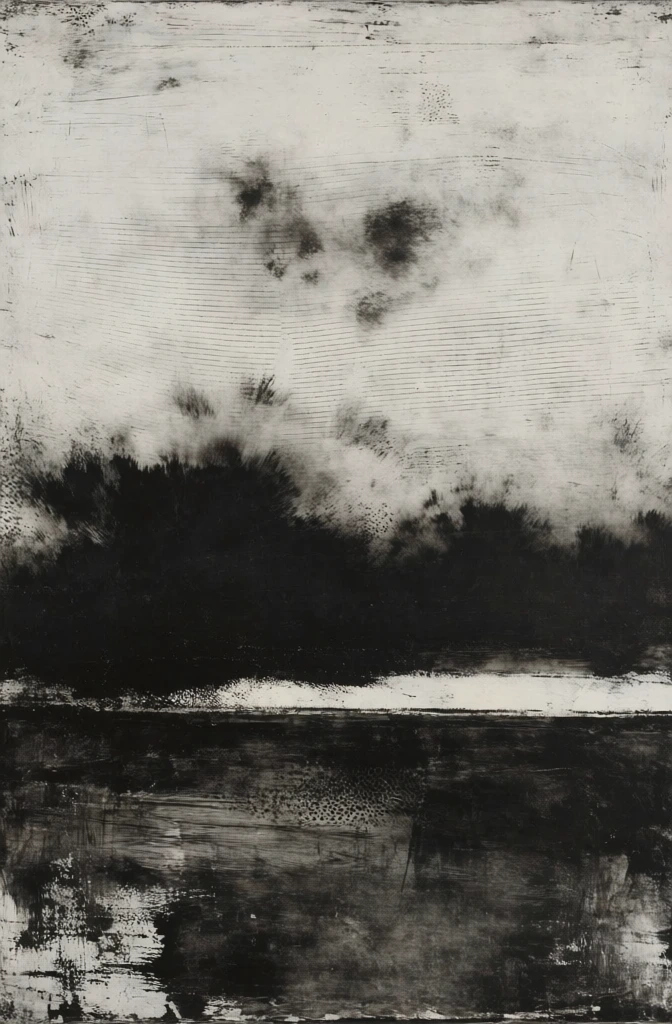 An abstract monochromatic landscape composition features a heavy dark band across the center against a textured light upper field and a complex dark lower foreground. The upper section of the image is a pale grey expanse characterized by faint, parallel horizontal lines and scattered dark, smoky smudges concentrated near the top center. A dense, irregular black mass occupies the middle ground, its top edge feathered and jagged against the light background, while its lower edge meets a thin, bright horizontal band of white. This sliver of light sits just above a dark, textured lower register that fills the bottom portion of the frame with deep blacks, grey washes, and white scrapings. The surface throughout exhibits a variety of marks, including fine scratches, broad brushstrokes, and stippled patterns, giving it a weathered and gritty texture. The composition is vertically oriented, utilizing a stark black-and-white palette to create a high-contrast scene that evokes a distant horizon under a heavy sky. The technique appears to involve layering and removal of media, with prominent horizontal striations and gestural markings across the entire surface.