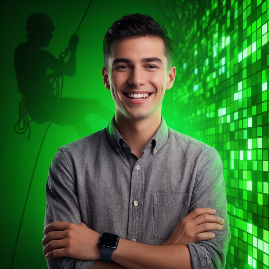 smiling young man, short dark hair, crossed arms, grey button-down shirt, dark smartwatch, dark background with neon green lighting, glowing digital pixel grid on the right, faint background silhouette of a rope climber, high contrast, modern energetic aesthetic