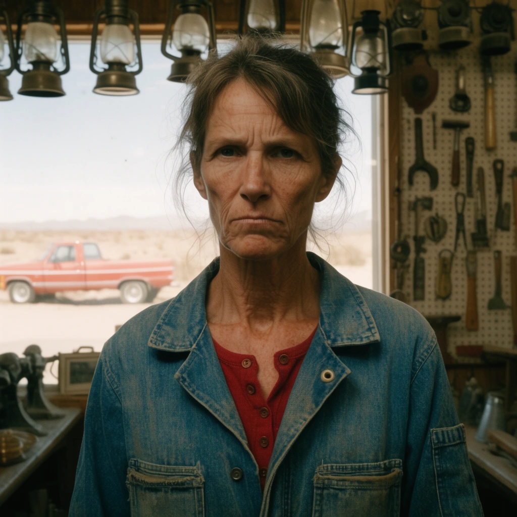 cinematic medium close-up of a wiry middle-aged woman with a stern expression, wearing faded blue denim coveralls over a red henley, standing inside a dusty antique shop, hanging metal lanterns along the top edge, pegboard with vintage tools on the right, bright window in the background, barren desert landscape and a vintage red pickup truck outside, shallow depth of field, muted warm tones, 35mm film aesthetic