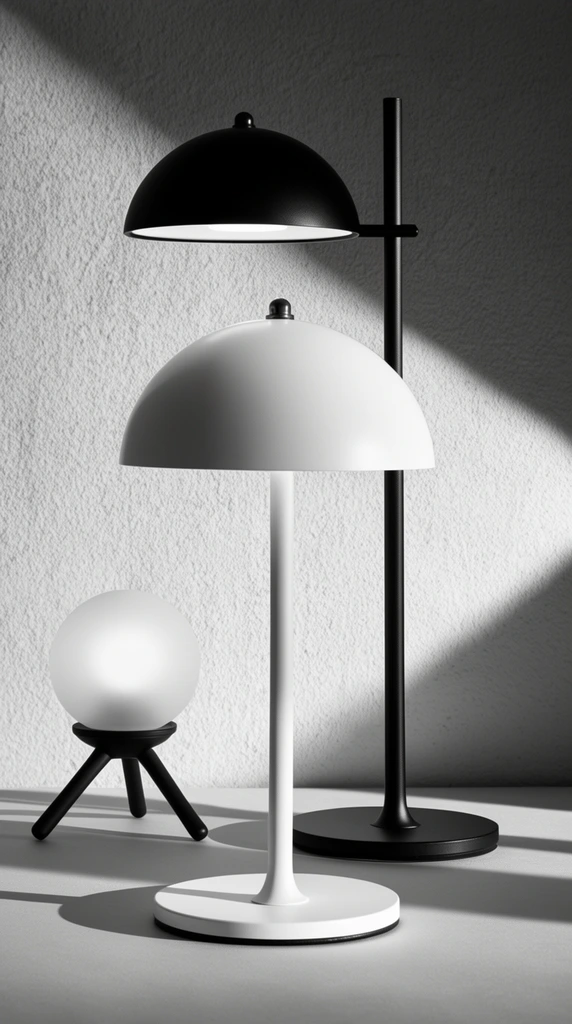 black and white photography of minimalist desk lamps, white dome lamp in foreground, slim black lamp behind, small spherical frosted lamp on tripod base to the left, textured wall backdrop, dramatic high contrast cast shadows, geometric patterns, sleek modern design, studio lighting