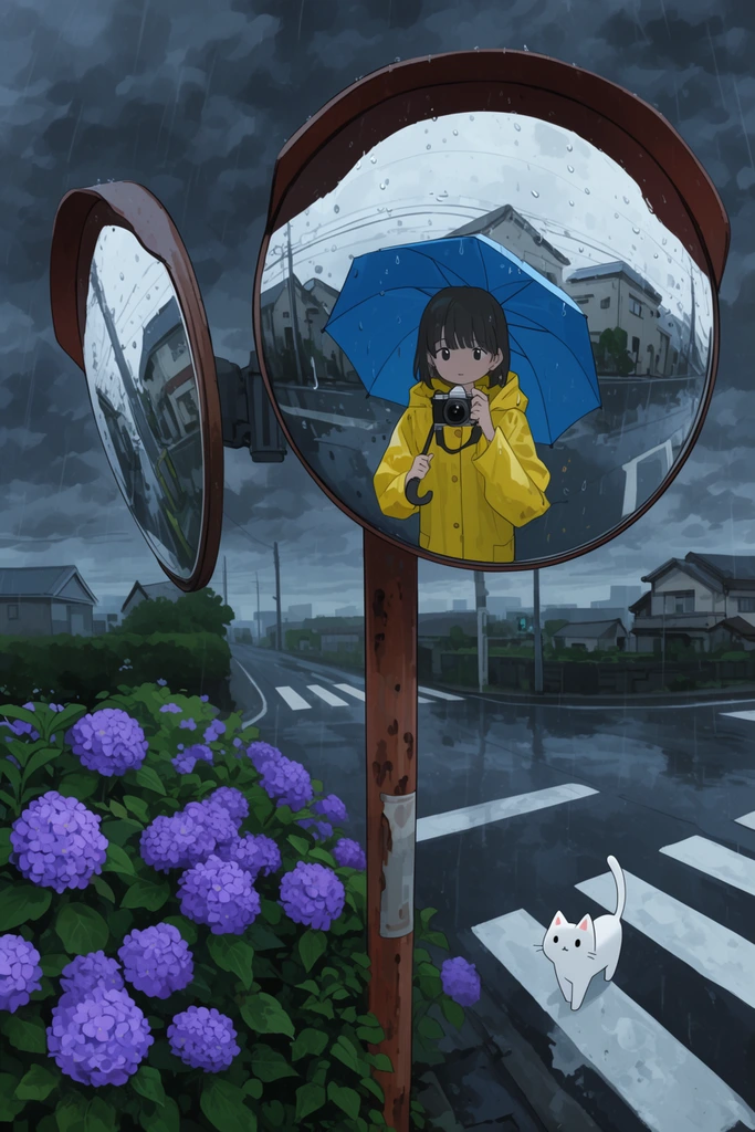 convex traffic mirrors on a rusty pole in rain, reflection shows an anime girl in yellow raincoat holding a blue umbrella and camera, small stylized white cat on a wet crosswalk, purple hydrangeas, dark stormy sky, 2D digital illustration, muted cool tones, fisheye perspective