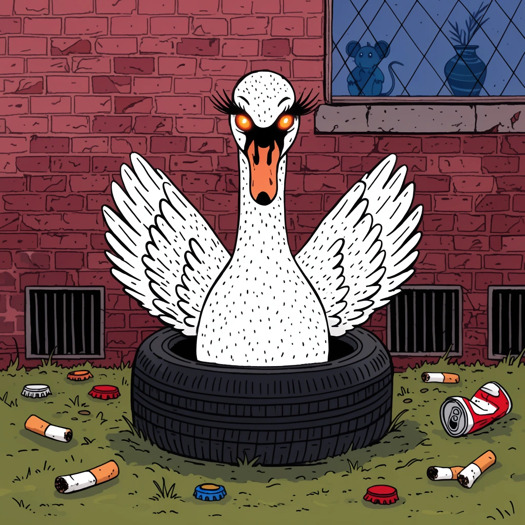 A 2D cartoon illustration of a speckled white swan with dramatic eyelashes and glowing orange eyes standing with raised wings inside a black tire. The tire rests on patchy grass littered with cigarette butts, bottle caps, and a crushed can. Behind it, a grungy red brick wall features grated ground-level vents and a diamond-pane window revealing silhouettes of a blue mouse and a vase. The artwork utilizes bold black outlines, flat coloring, and a gritty urban aesthetic.