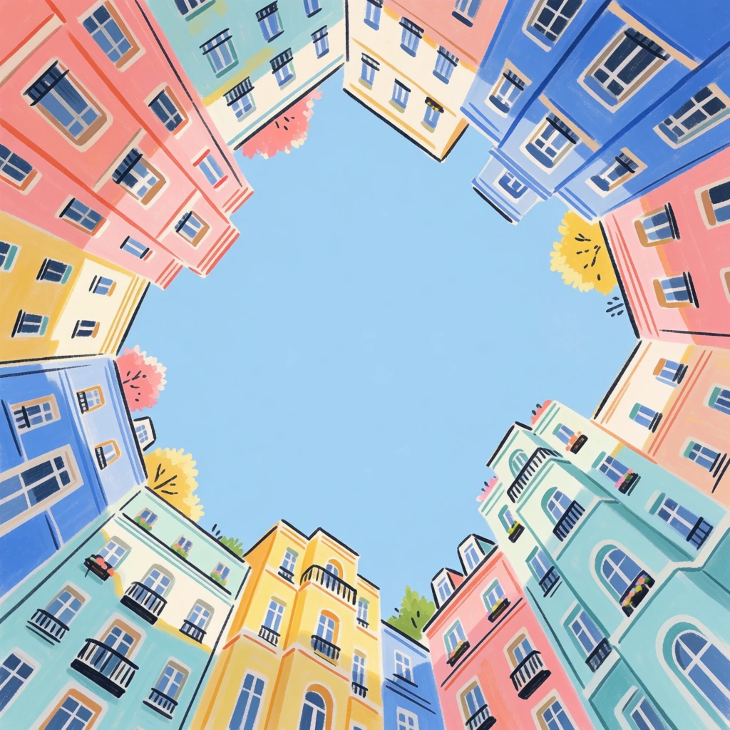 A digital illustration captures an extreme low-angle, worm's-eye perspective looking straight up into a clear light blue sky, framed by the colorful facades of multi-story buildings arranged in a circle. The buildings are rendered in a painterly, hand-drawn style with soft brushstrokes and visible linework, featuring a vibrant palette of salmon pink, pastel yellow, cobalt blue, pale turquoise, and cream. The structures vary in height and architectural detail, showing numerous rectangular and arched windows with white frames, some with black iron balconies or small flower boxes. In the gaps between the building tops, small clusters of yellow and pink tree foliage are visible. The composition creates a sense of being at the bottom of a well-like urban courtyard, with the converging vertical lines of the buildings pointing toward the center of the frame. The lighting is bright and even, as if from a clear midday sun, casting soft shadows that define the architectural recesses and balconies. The overall aesthetic is whimsical and illustrative, using a flat color technique with subtle tonal shifts for depth.