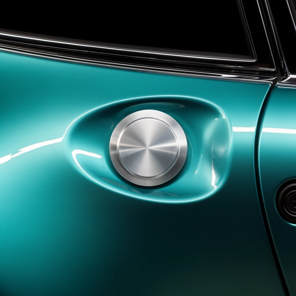 A close-up macro photograph of pristine metallic teal vehicle bodywork, featuring a machined silver circular cap resting within a smooth sculpted recess. A sharp horizontal specular highlight streaks across the glossy paint and bisects the silver cap, emphasizing the curved aerodynamic contours. A precise vertical panel seam borders the right edge, positioned near a dark circular lock cylinder. Above the vibrant surface, a stark black void is defined by a thin polished chrome trim line. High-contrast studio lighting creates deep shadows and brilliant reflections across the polished automotive finish.