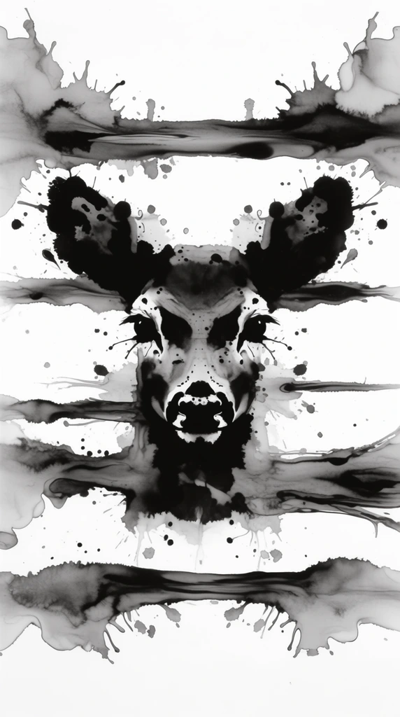 A perfectly symmetrical, stark black inkblot depiction of a deer's face centered amidst horizontal lines on a pure white background. The deer's visage is formed through organic, Rorschach-style ink pooling and fluid liquid dynamics, with facial features structured by dense, pure black splatters that transition into translucent grey washes where the pigment thins. Thick, fluid horizontal strokes cut across and surround the centered face, their edges bleeding outward with capillary branches and unpredictable, jagged offshoots. The composition exhibits the physical textures of wet media on paper, featuring dark, crisp watermarks at the drying borders of the ink, surrounded by chaotic satellite droplets and erratic splatters. The monochromatic, high-contrast palette relies entirely on the interplay of deep charcoal, washed greys, and stark white negative space, creating a raw, psychological aesthetic driven by bilaterally mirrored fluid motion.