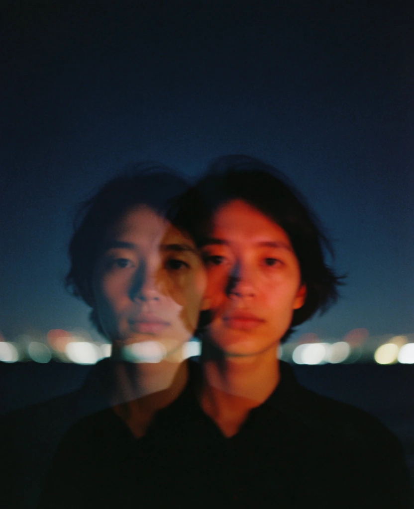 A blurred, double-exposure-style portrait features a person with dark hair set against a dark nocturnal background. The central subject is a person's face, appearing twice in a motion-blurred effect where one visage overlaps the other slightly to the right. The rightmost face is more clearly defined and bathed in a warm, reddish-orange light, while the face to the left is darker and more ethereal. Both faces have neutral expressions and look directly toward the camera. The person's neck and shoulders are visible as a dark, indistinct silhouette against the lower half of the frame. The background consists of an expansive, dark navy blue sky in the upper two-thirds of the image, while a thin, horizontal band of blurred white and yellow lights sits at the horizon line, representing a distant cityscape. The overall composition is centered, using a low-light photography technique with a shallow depth of field and significant film grain. The lighting is low and moody, primarily focused on the subject's facial features, creating a high-contrast scene with deep shadows.