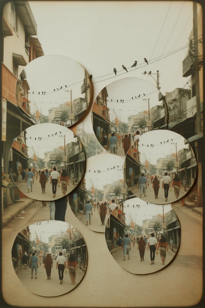 A surreal analog photomontage of a street flanked by buildings and utility poles, interrupted by perfectly circular physical cutouts overlaid across the composition. These layered circular sections contain magnified and slightly offset segments of the identical street scene, featuring subtle drop shadows at their edges that indicate a physical paper collage technique. Birds perch on overhead wires above walking people on the pavement below. The scene is rendered in a vintage mid-century photographic style with a muted, warm, earthy color palette, slight desaturation, and fine analog film grain. Soft, diffused, overcast lighting creates an even exposure with minimal shadows, culminating in an uncanny, seamlessly fragmented atmosphere framed by a subtle dark edge vignette.