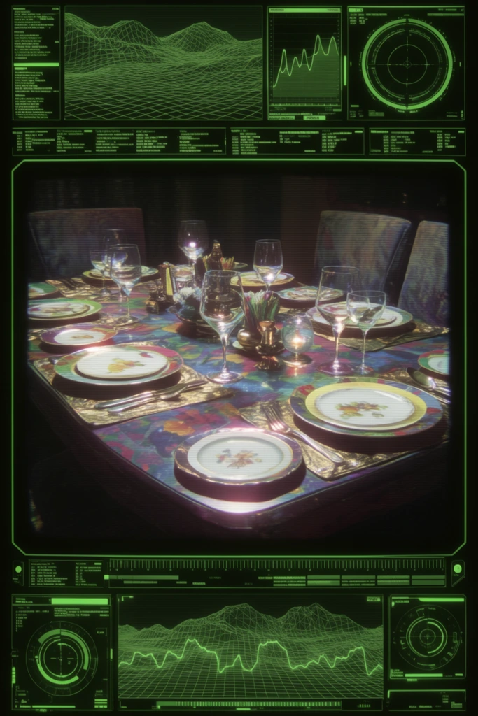 A set dining table featuring a patterned surface, multiple plates, wine glasses, metallic placemats, centerpieces, and upholstered chairs, viewed through the central viewport of a retro-futuristic tactical heads-up display. The central dining arrangement is stylized with vivid saturation, high-contrast lighting, prominent horizontal CRT monitor scanlines, and a subtle glowing bloom affecting the reflective glass and metal surfaces. Enclosing the central imagery is a thick, pure black border filled with intricate, intensely glowing phosphor-green graphical user interface elements. These digital perimeter graphics include undulating 3D wireframe topography grids, fluctuating frequency line graphs, clustered blocks of miniature technical data text, calibration scales, and circular targeting dials. The sharp neon-green technical overlays contrast starkly against the deep black framing, imposing a distinct 1990s cyberpunk surveillance monitor aesthetic over the table setup.