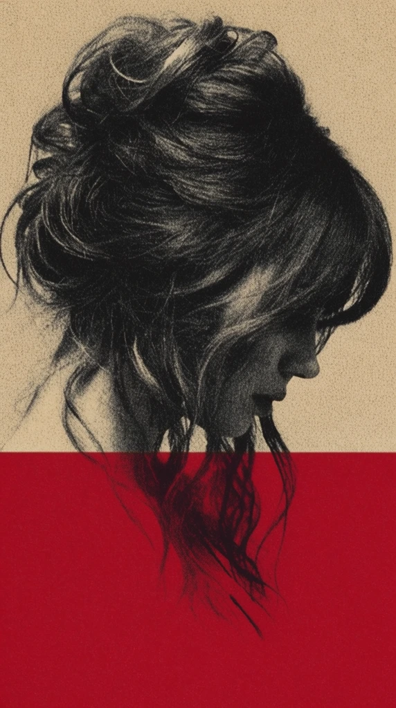 A high-contrast, heavily grained monochrome portrait of a woman's profile facing downward, superimposed over a horizontally split background. The upper background is a warm, textured beige that abruptly transitions to a solid crimson red in the lower half. The subject is defined by her dark, voluminous, wildly styled hair tumbling loosely from an updo, with wispy strands cascading down her neck. The deep black tones and chaotic texture of her sweeping hair extend across the sharp horizontal dividing line into the red section, creating intense visual contrast. The composition is unified by a distinct vintage halftone print texture, giving the photographic elements the raw, gritty appearance of rough charcoal shading and mid-century photolithography.