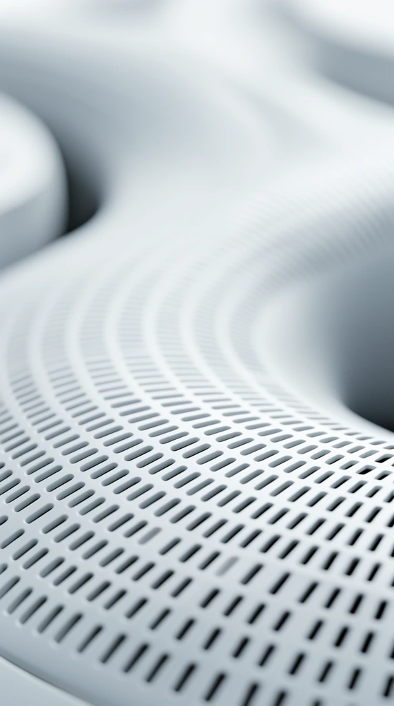 Extreme macro shot of a sleek white industrial surface. The sharply focused foreground features precise, curving rows of rectangular perforations. Smooth organic contours fade into a soft, blurred background. High-key lighting enhances the minimalist monochromatic palette of cool grays and shallow depth of field.