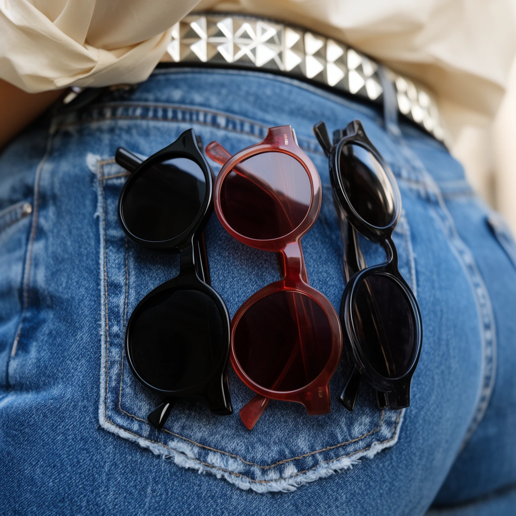 three pairs of round sunglasses tucked into the back pocket of blue jeans, solid black frames on left, translucent reddish-brown frames in center, dark frames on right, close-up fashion photography, silver pyramid studded belt, cream shirt, textured denim fabric, frayed pocket edges, shallow depth of field, soft natural lighting, sharp focus on eyewear