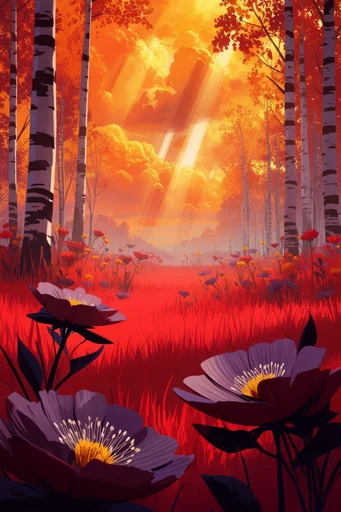 Luminous Crimson Canopy style reference image — dramatic sunset lighting