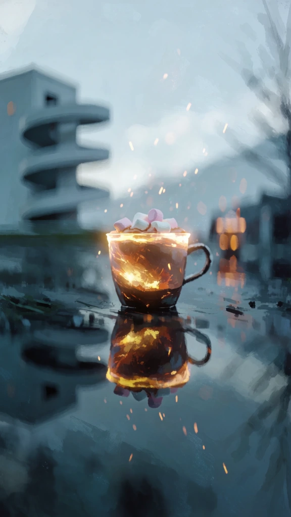 painterly digital art style, impressionistic brushstrokes, a cup of coffee with marshmallows on a wet surface with a sharp reflection, intense golden internal glow like liquid fire, sparks and embers floating upwards, a minimalist building with a spiral ramp in the misty background, desaturated blue and grey palette, high contrast between warm core and cool periphery, ethereal bokeh, atmospheric haze, cinematic framing, soft focus edges, moody and ethereal aesthetic