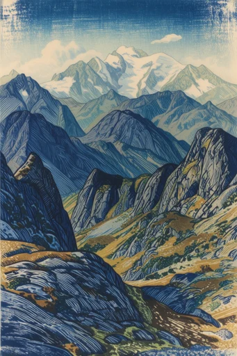 Textured Alpine Folklore style reference image — stylized alpine landscape