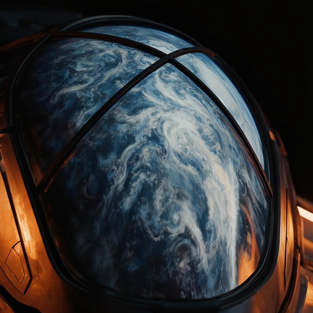 Close-up of a glossy curved visor reflecting a swirling blue and white planetary atmosphere, dark structural framing lines dividing the dome, pitch black background, cinematic sci-fi aesthetic, photorealistic, warm orange light reflecting on side panels, dramatic deep shadows