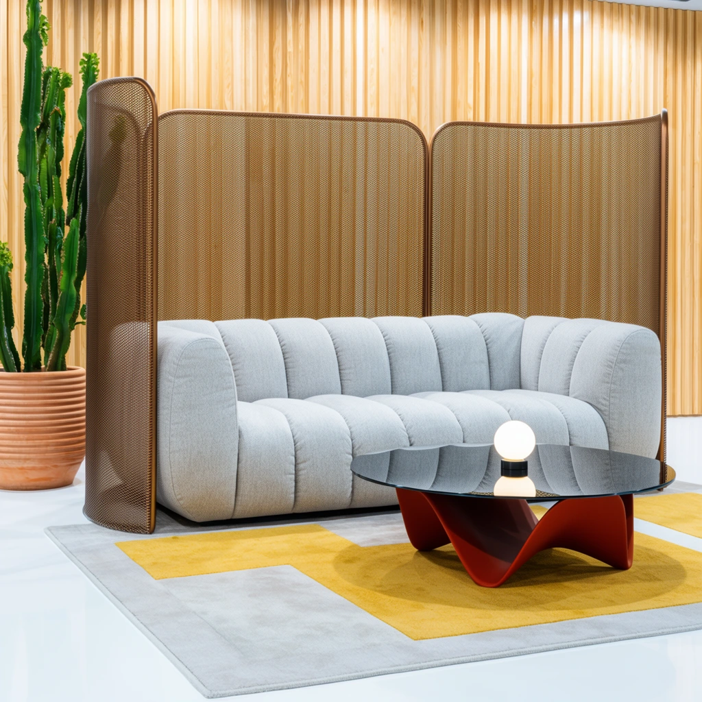 A modern lounge area centered around a plush, light grey channeled sofa partially enclosed by curved, semi-transparent bronze metal mesh room dividers. A low coffee table with a reflective black glass top and a sculptural rust-red base sits in front of the sofa, holding a small glowing white spherical lamp. The furniture rests on a geometric light grey and mustard yellow area rug over a glossy white floor. To the left, a tall green cactus stands in a large ribbed terracotta pot. The backdrop features a warm, light-wood slatted wall illuminated by bright, even overhead lighting. The composition emphasizes contrasting textures, blending the industrial metal mesh with soft ribbed upholstery and natural wood elements in a vibrant, contemporary interior space.