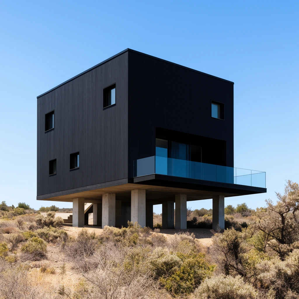 elevated black cubic modern house on concrete pillars, minimalist architecture, small windows, glass balcony, flat roof, dry scrub landscape, clear blue sky, architectural photography