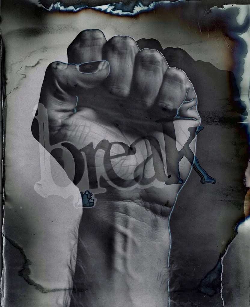 a high-contrast solarized lithography of a clenched fist and forearm centered against a void, the anatomy composed of layered kinetic typography spelling "break" in overlapping abstract letterforms, heavy silver-halide grain, distressed emulsion textures, charred paper edges with prismatic heat-affected zones of deep blue and amber, moody darkroom aesthetic, experimental double-exposure effects, gritty organic noise, chemical staining, ethereal low-key lighting, haunting post-punk atmosphere