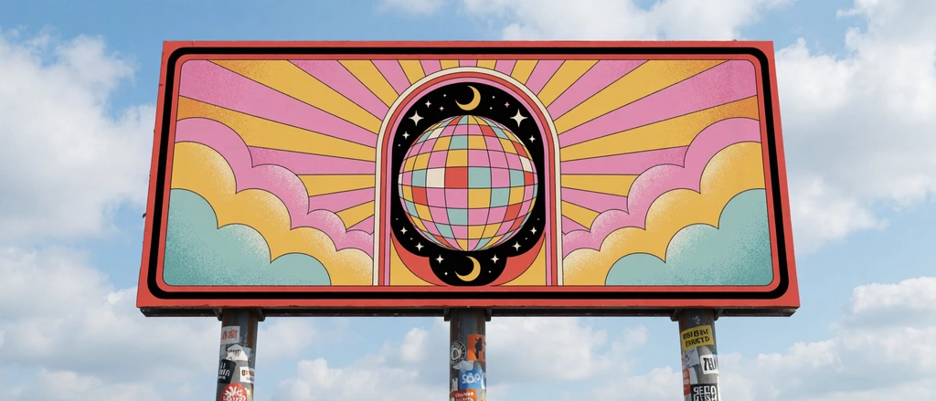 large outdoor billboard on three sticker-covered metal poles against a partly cloudy sky, vibrant 1970s retro psychedelic illustration, central colorful geometric disco ball framed by stylized arches and crescent moons, radiating pink and yellow sunburst rays, stylized scalloped clouds in pastel yellow pink and teal with vintage stippled grain texture, thick black and red outer borders, flat graphic design style, nostalgic bright color palette, low angle perspective