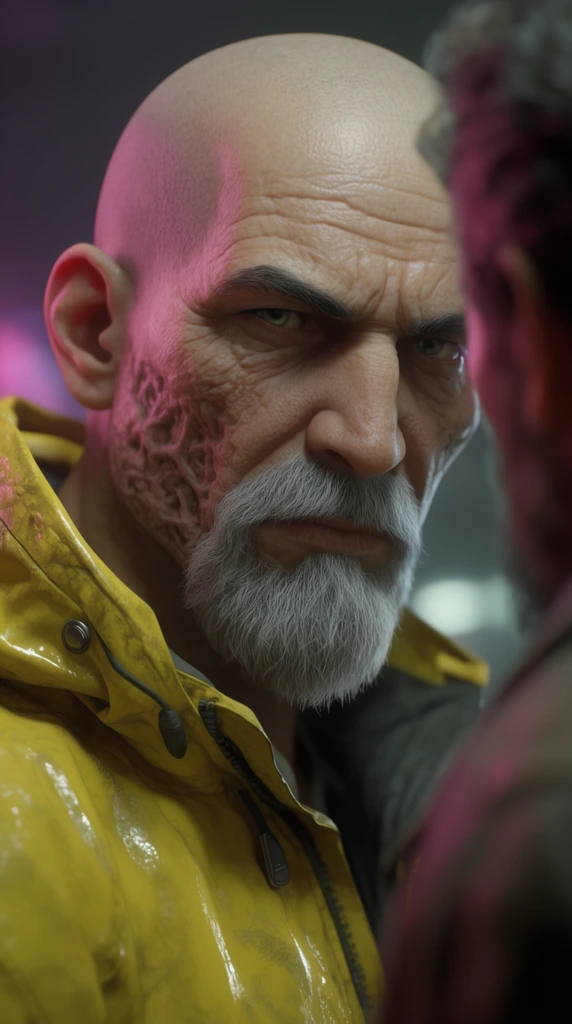 cinematic 3D render, close-up portrait of a bald older man with a sharp gray goatee, extensive burn scarring on jawline, weathered skin, intense eyes, wearing a heavy yellow waterproof jacket, blurred figure in right foreground, dramatic neon lighting, shallow depth of field, hyper-realistic facial textures