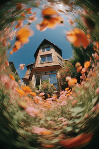 Surreal Fisheye Floral style reference image — bright blue sky backdrop