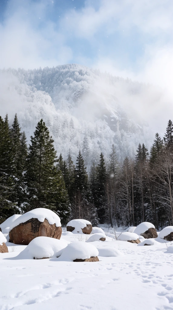 pristine winter landscape, foreground field of white snow with scattered footprints, large brown boulders capped with thick rounded mounds of snow, gentle snowflakes falling, dense midground forest of dark green evergreens and slender bare trees, towering background mountain slope completely covered in frost and snow, thick white fog rolling across the mountain face, patches of pale blue sky peeking through clouds, soft diffused winter daylight, deep depth of field, sharp contrast between dark pines and bright snow, serene atmospheric nature photography