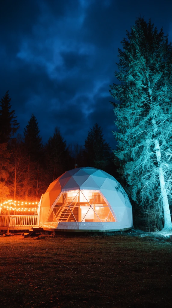 A glowing white geodesic dome sits in a forest clearing under a deep blue cloudy night sky. The dome's transparent triangular front grid reveals a warm amber-lit interior with wooden stairs. An adjacent wooden deck on the left shines with bright orange string lights, contrasting sharply with a tall evergreen tree on the right illuminated by striking cool teal light.