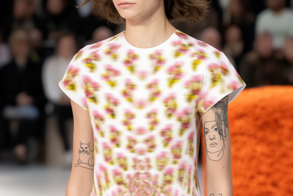 fashion model wearing a white short-sleeve dress with an intentionally blurred pink and yellow floral print, bare arms displaying black line-art tattoos of a cat and a portrait, shallow depth of field, heavily blurred runway audience, textured orange background element, bright even lighting, avant-garde optical illusion garment