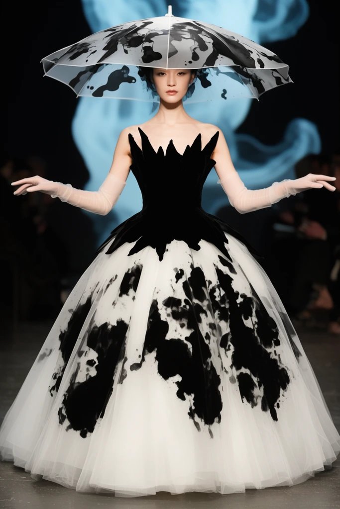 A runway model wears an avant-garde black and white gown and a parasol-like translucent headpiece adorned with abstract black ink-blots. The dress pairs a jagged black velvet bodice with a voluminous white tulle skirt featuring large black Rorschach-style patches. She extends her arms gracefully in sheer pale gloves. Dramatic runway lighting isolates her high-contrast silhouette against a dark, blurred background featuring a pale blue fluid projection and shadowy audience members.