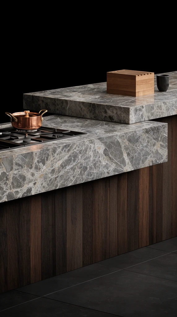 A minimalist kitchen island against a pitch-black background features thick, heavily veined grey marble countertops staggered at two heights above vertical dark wood panelling. A stovetop holding a polished copper pot sits on the lower tier. A slotted wooden block and dark cup rest on the upper surface. Dramatic lighting highlights the rich textures of the stone, wood, and matte dark floor tiles.
