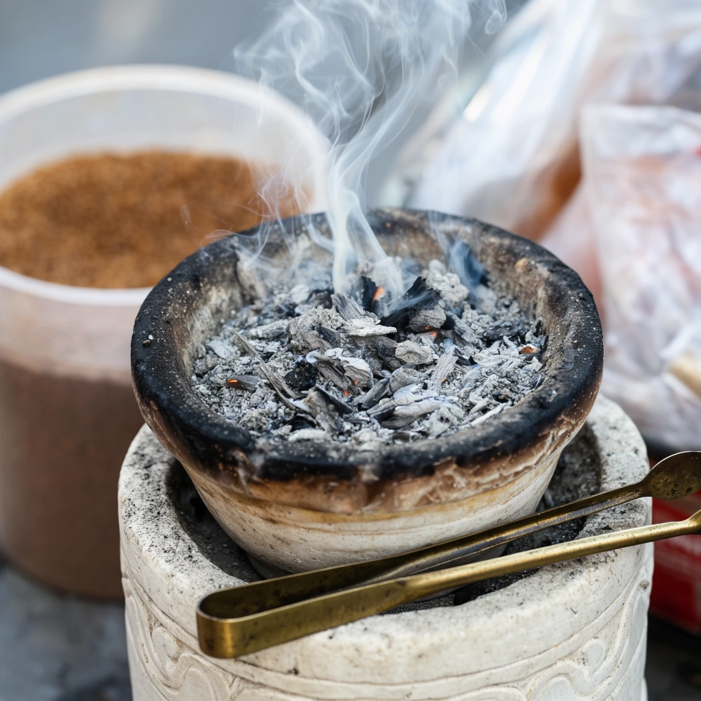 Wisps of delicate white smoke rise from a soot-stained ceramic bowl filled with grey ashes and smoldering embers. The small bowl rests nested atop a cylindrical, off-white stone base featuring carved decorative edges. A pair of tarnished brass tongs lies casually across the lower stone rim. Captured in sharp macro photography with a shallow depth of field, the rough textures of the burnt ceramics and ash contrast against a heavily blurred background containing a translucent tub of brown granular material and crinkled packaging, bathed in soft, natural daylight.