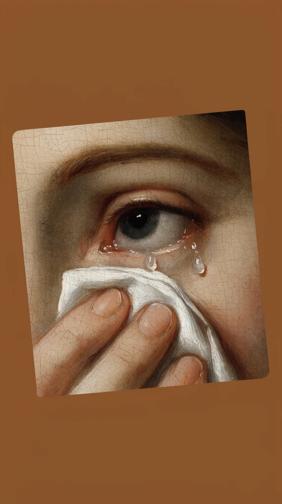 tilted square inset of an aged oil painting on a solid warm brown canvas, close-up detail of a crying eye, hand gently dabbing a tear with a white cloth, visible craquelure texture, muted earth tones, minimalist conceptual composition