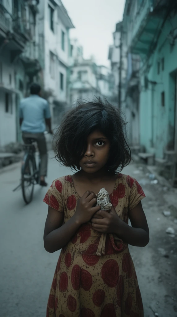 young South Asian girl, messy dark hair covering one eye, tan dress with large red circular patterns, clutching a crumpled object to her chest, standing in a narrow urban street, blurred background featuring a man riding a bicycle away, pale teal and white building facades, cinematic street photography, shallow depth of field, muted cool tones, soft overcast lighting