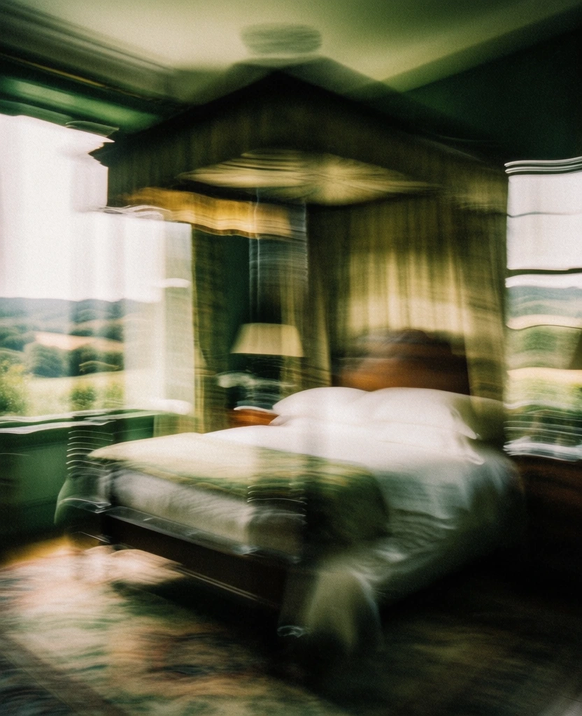 a four-poster bed in a bedroom featuring an aerial view of a rural landscape, rendered with heavy horizontal motion blur and high-grain film texture, palette of deep forest green and mossy olive with glowing highlights of off-white and warm cream, impressionistic and painterly aesthetic, nostalgic film-like quality, blurred streaks of light, organic and dreamy atmosphere, low-shutter speed effect, muted earth tones, soft focus, grainy noise, ethereal and fleeting.