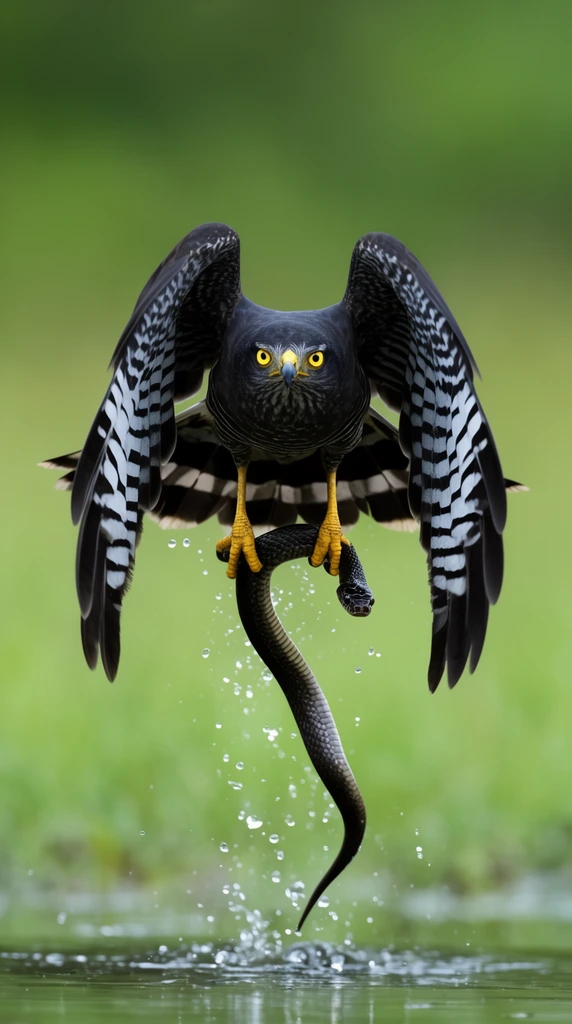 A mid-air wildlife photograph of a dark hawk flying directly forward, wings arched to reveal black-and-white barred underwings. The bird features piercing yellow eyes and firmly grips a dangling dark snake in its bright yellow talons. Water splashes energetically below against a smooth, blurred green background in this sharply focused, high-speed action shot.