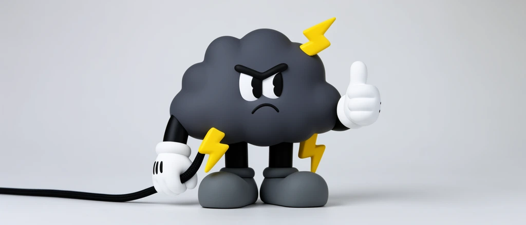A matte vinyl designer toy of a grumpy dark gray storm cloud character with yellow lightning bolts. It features black limbs, large grey shoes, and white cartoon gloves, giving a thumbs-up while holding a thick black cord against a seamless light gray studio backdrop.