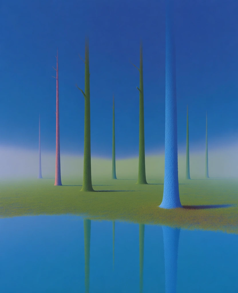 minimalist digital surrealism, several perfectly vertical bare tree trunks rising from a mossy green ground, vibrant ultramarine blue sky fading into dense low-lying white mist, hyper-clean 3d-rendered aesthetic, magritte-inspired magic realism, flat diffused lighting with singular soft shadows, mirror-still turquoise water in the foreground creating a perfect vertical reflection, airless ethereal atmosphere, high-saturation color block palette, smooth gradients, liminal space composition