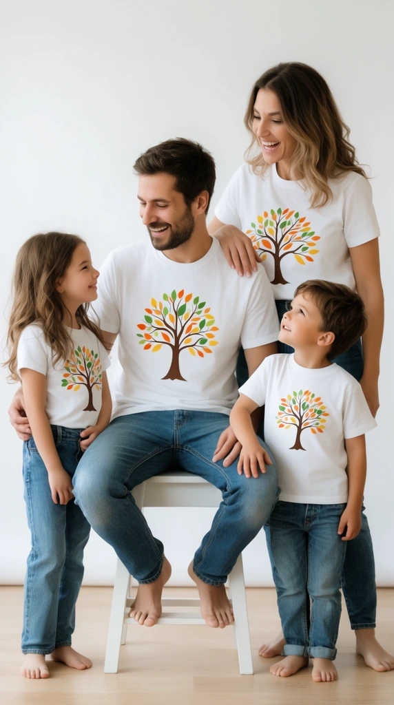 joyful mother father daughter and son in a bright studio setting, father seated on a white stool smiling down at the young girl on the left, mother standing behind resting a hand on his shoulder, young boy standing on the right looking up, everyone wearing matching white t-shirts featuring a colorful graphic of a tree with orange green and yellow leaves, casual blue denim jeans, light wood floor, seamless white backdrop, high-key lighting, lifestyle portrait photography, warm affectionate interactions, sharp focus, clean colors
