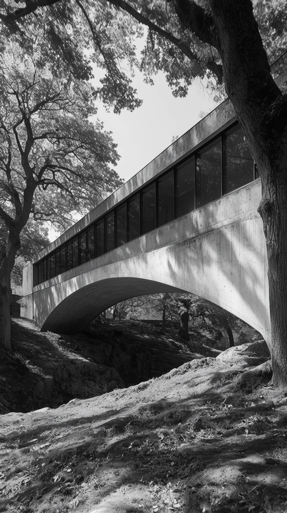 modernist concrete building bridging a ravine on a sweeping arch, black and white architectural photography, continuous dark glass windows, large mature trees framing the structure, dappled sunlight, cast shadows on uneven terrain