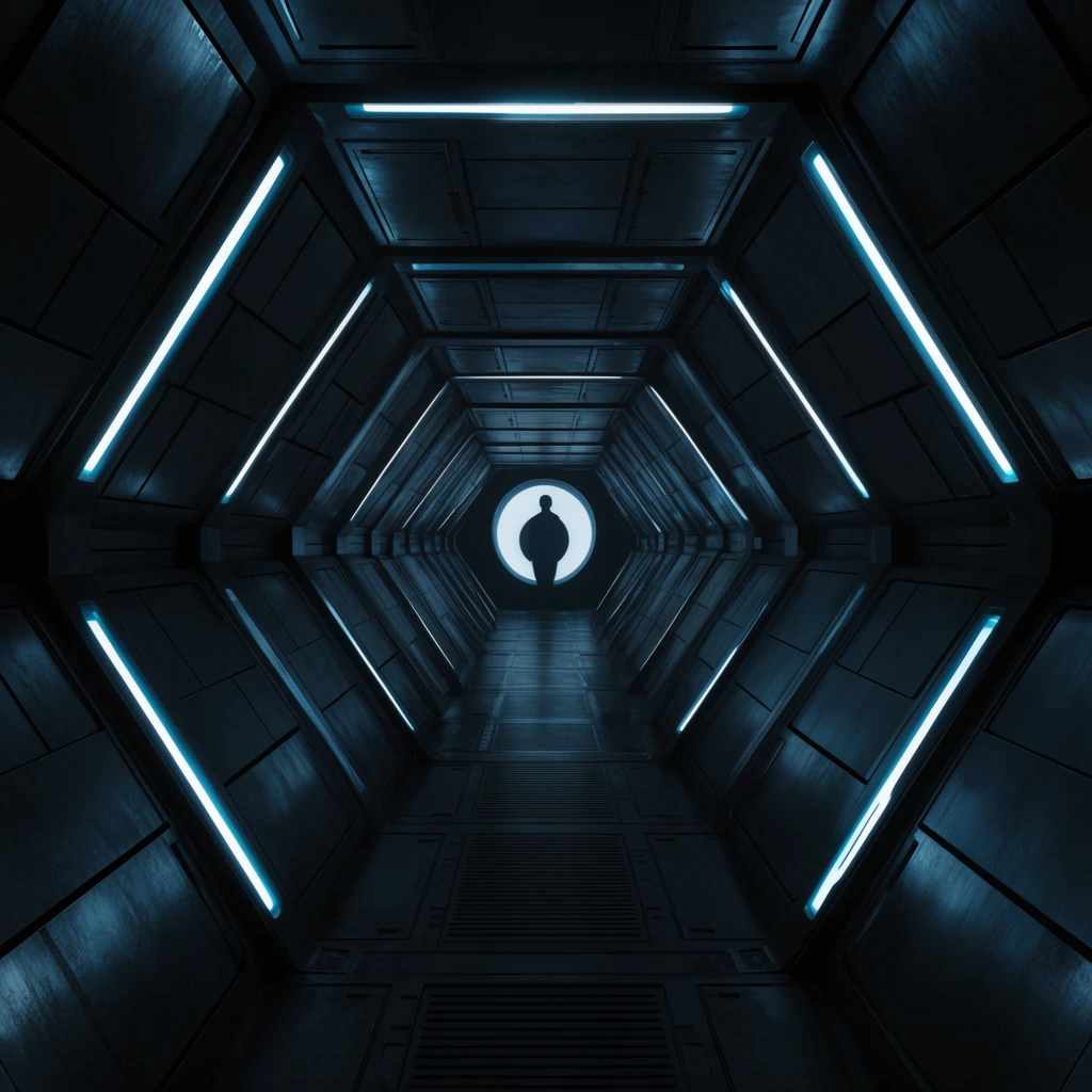 Symmetrical dark hexagonal futuristic corridor lined with metallic panels. Intermittent glowing cyan light strips outline the edges, converging toward a distant central vanishing point. A bright circular aperture at the far end frames a dark silhouette. Cinematic high-contrast lighting and a cool blue-grey palette emphasize strict one-point perspective.