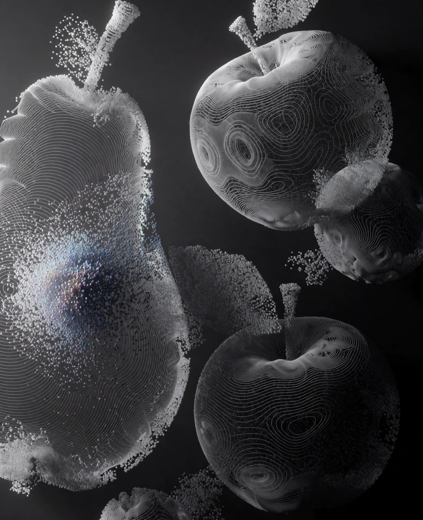 volumetric generative 3d render of a large pear on the left and scattered round fruits and organic vegetable forms, depicted through translucent gossamer-thin wireframe meshes and dense point-cloud particulate structures, ethereal topographic contour lines defining silhouettes, high-contrast chiaroscuro lighting with a soft white glow from the left fading into charcoal black, subtle iridescent light diffraction within stippled dots, fine-grained moiré patterns, minimalist plain background