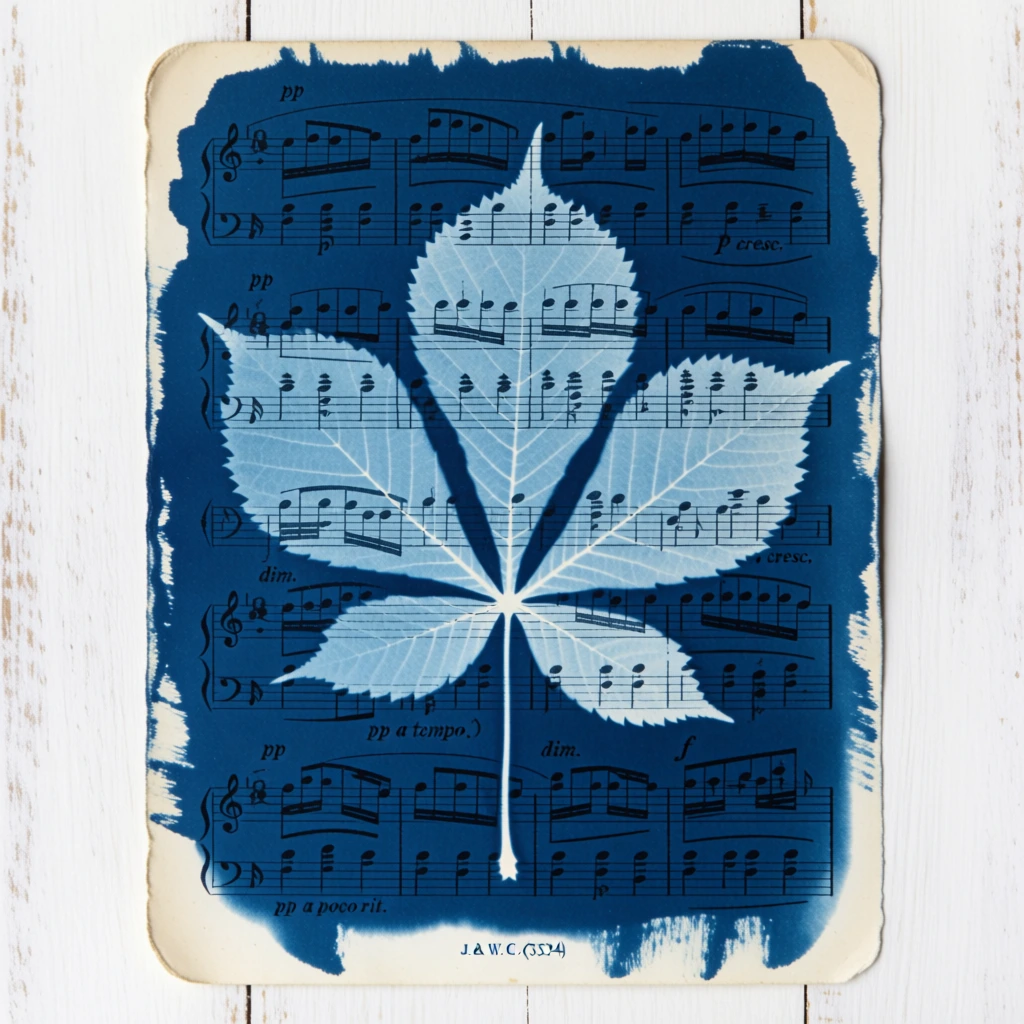 A cyanotype print on a rectangular piece of vintage sheet music features the silhouette of a five-lobed leaf in light blue against a dark Prussian blue background. The paper is slightly yellowed with age and has rounded corners, placed vertically on a white wooden surface with visible vertical grain and planks. The dark blue emulsion is applied unevenly, creating a rough, painterly border that leaves a thin margin of the original paper visible. The light blue silhouette of the leaf, likely from a horse chestnut or buckeye tree, dominates the center of the frame with its serrated edges and five distinct leaflets radiating from a central point. Musical notation, including staves, notes, clefs, and expressive markings such as "pp", "p", "f", "dim.", "p cresc.", "pp poco rit.", and "pp a tempo", is printed in black ink across the entire surface. The black text and symbols are clearly visible through both the dark blue background and the light blue leaf silhouette. The lighting is soft and even, highlighting the texture of the paper and the matte finish of the cyanotype process. The composition is centered and viewed from a direct top-down angle, creating a flat, graphic quality that blends botanical elements with musical score. At the bottom center, small black text reads "J. & W. C. (3334)".